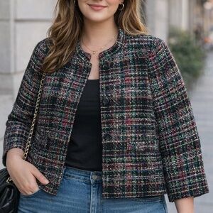 Talbots Wool Tweed Boxy Round Collar Jacket Multicolored Size 14 Classic